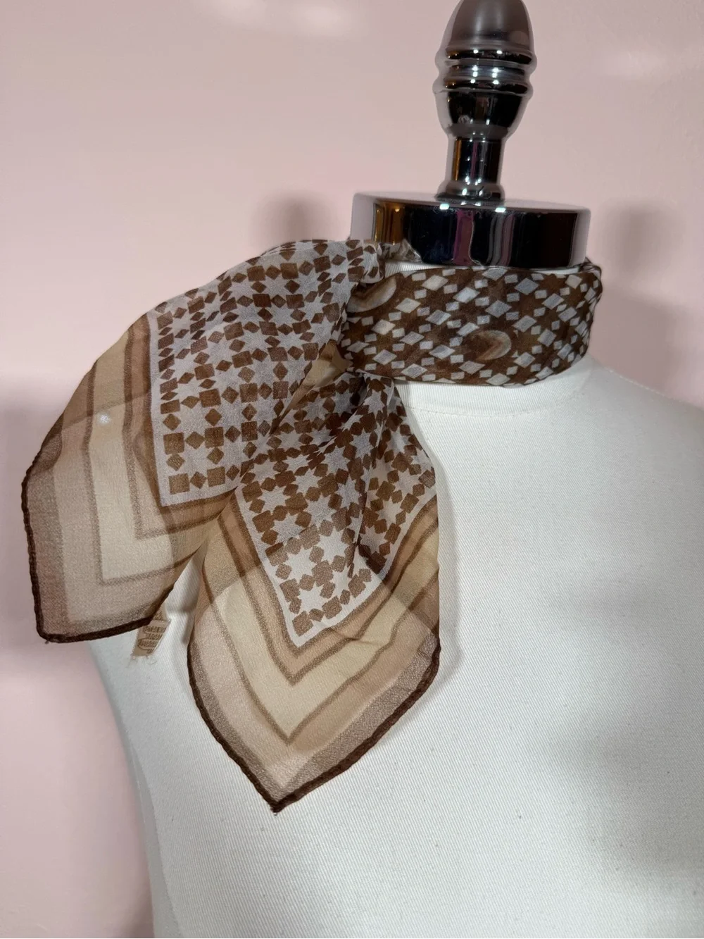 Vintage camel brown semi sheer star rattan art deco neckerchief square scarf